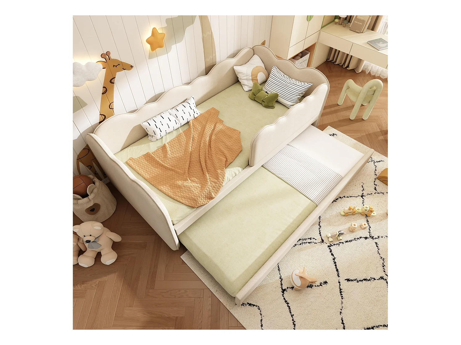 Canapé-lit rembourré - 90 x 190 cm - avec lit gigogne 90 x 190 cm + sommier à lattes - lin - beige