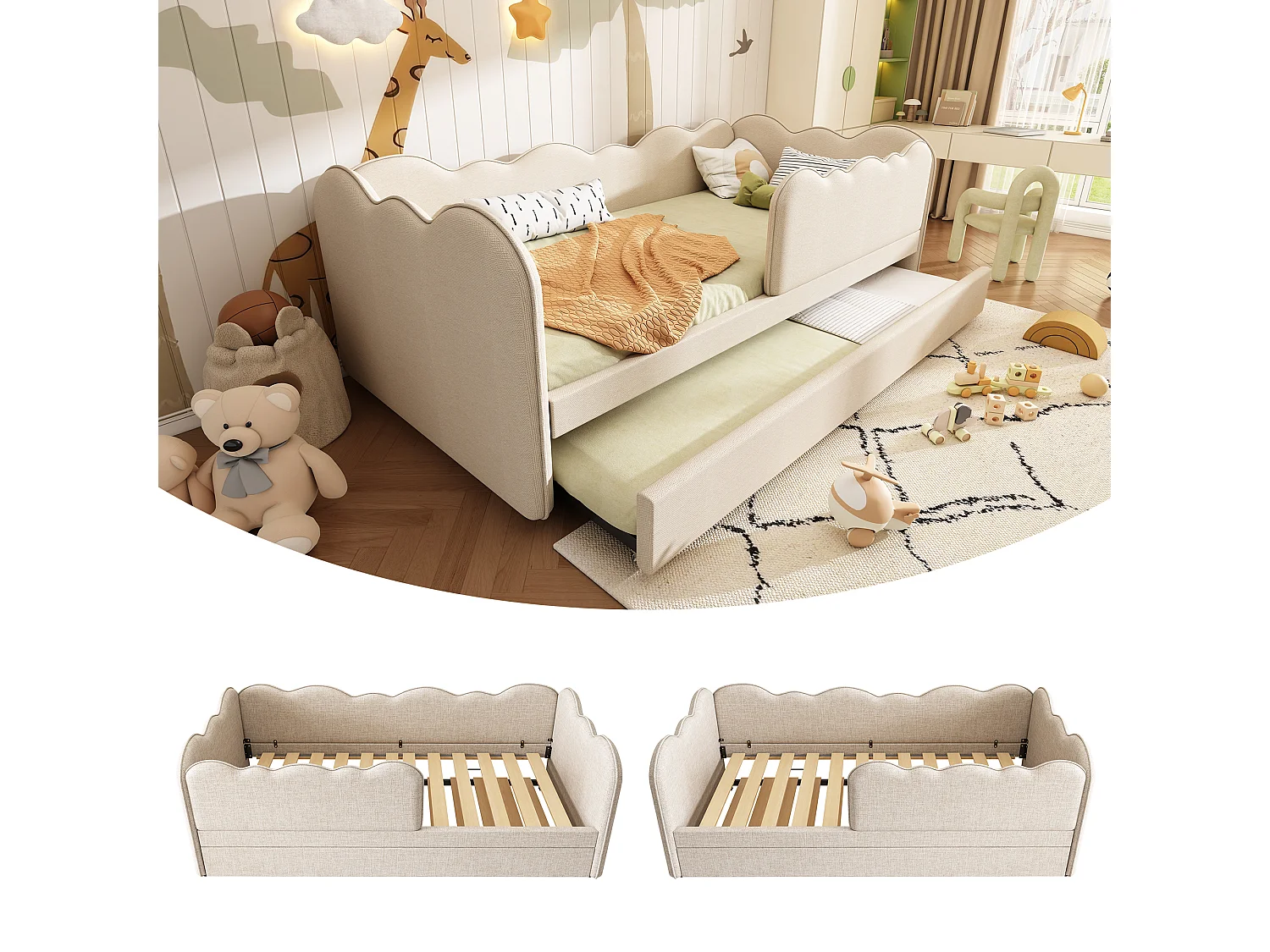 Canapé-lit rembourré - 90 x 190 cm - avec lit gigogne 90 x 190 cm + sommier à lattes - lin - beige