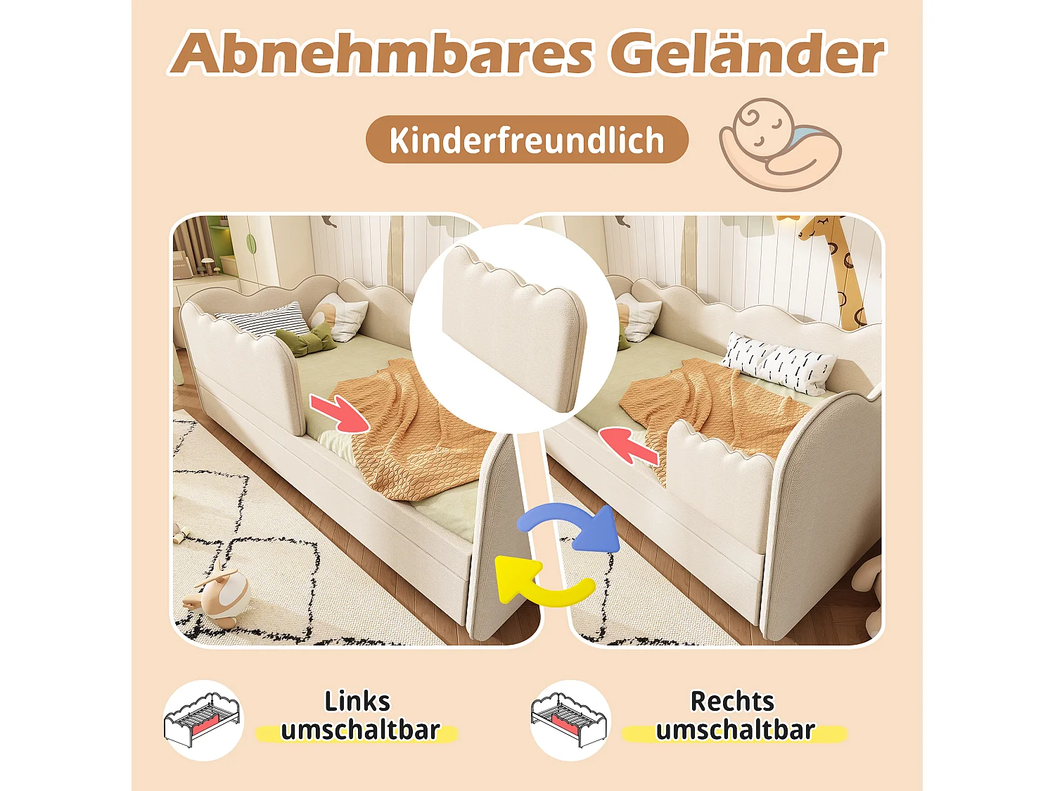 Canapé-lit rembourré - 90 x 190 cm - avec lit gigogne 90 x 190 cm + sommier à lattes - lin - beige