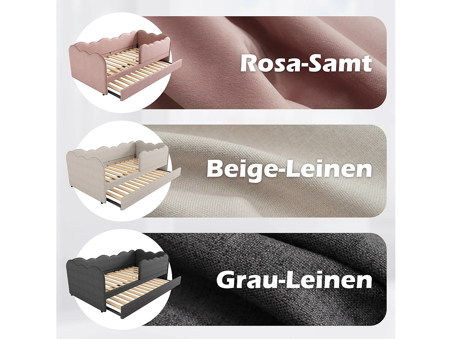 Canapé-lit rembourré - 90 x 190 cm - avec lit gigogne 90 x 190 cm + sommier à lattes - lin - beige