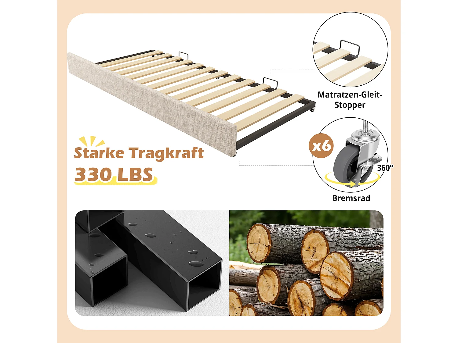 Canapé-lit rembourré - 90 x 190 cm - avec lit gigogne 90 x 190 cm + sommier à lattes - lin - beige