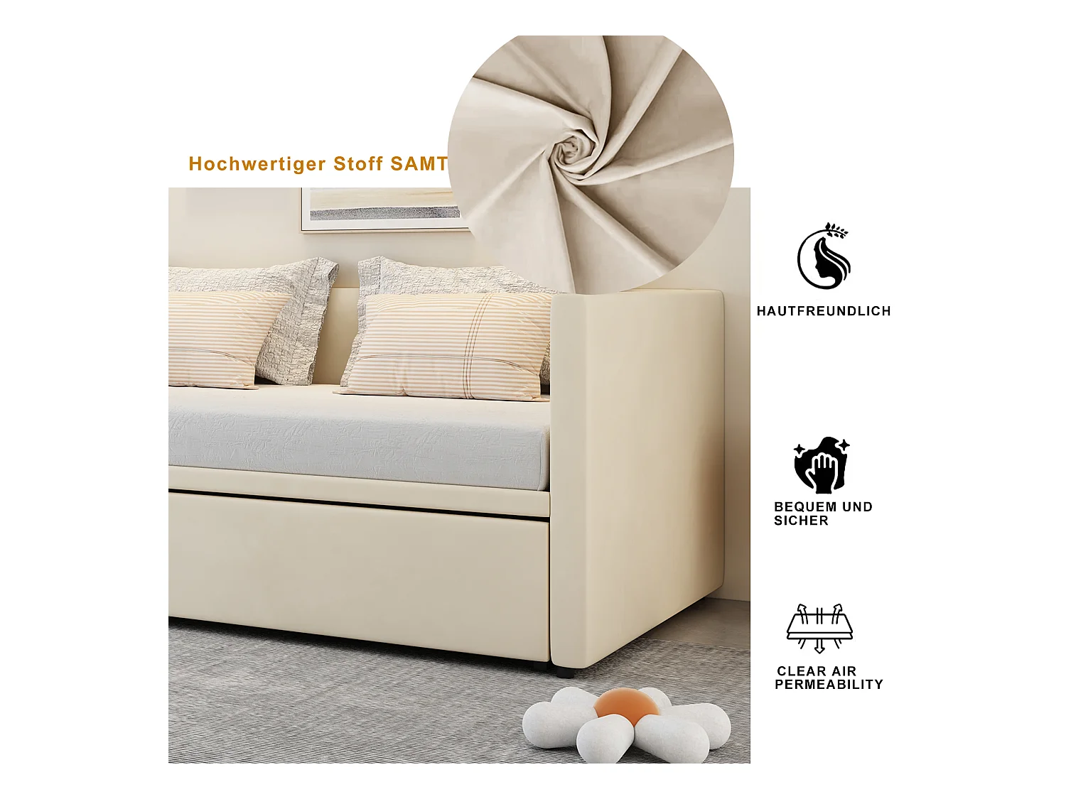Canapé-lit gigogne pour enfant - 90/180 x 200 cm - avec sommier à lattes - velours - beige