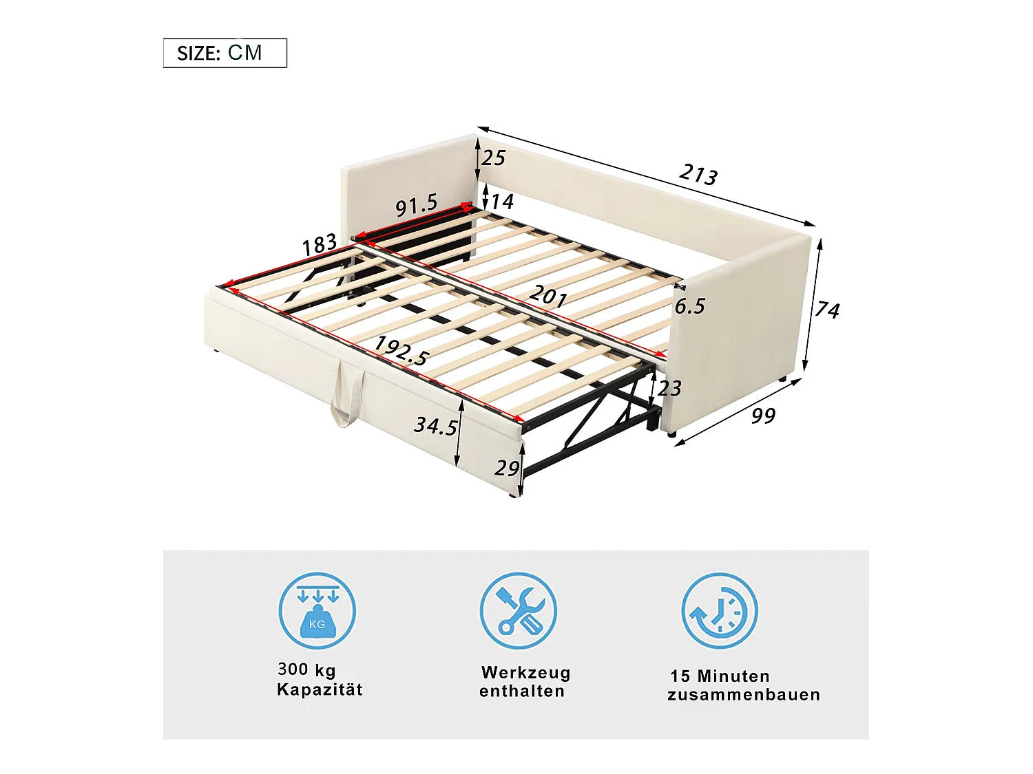 Canapé-lit gigogne pour enfant - 90/180 x 200 cm - avec sommier à lattes - velours - beige