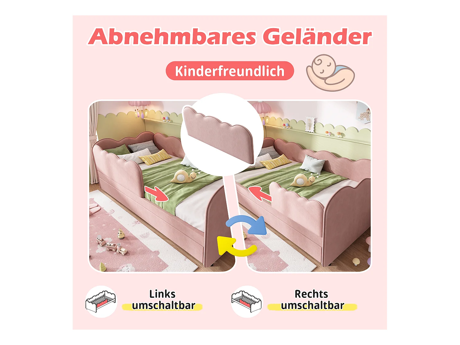 Canapé-lit rembourré - 90 x 190 cm - avec lit gigogne 90 x 190 cm + sommier à lattes - lin - rose