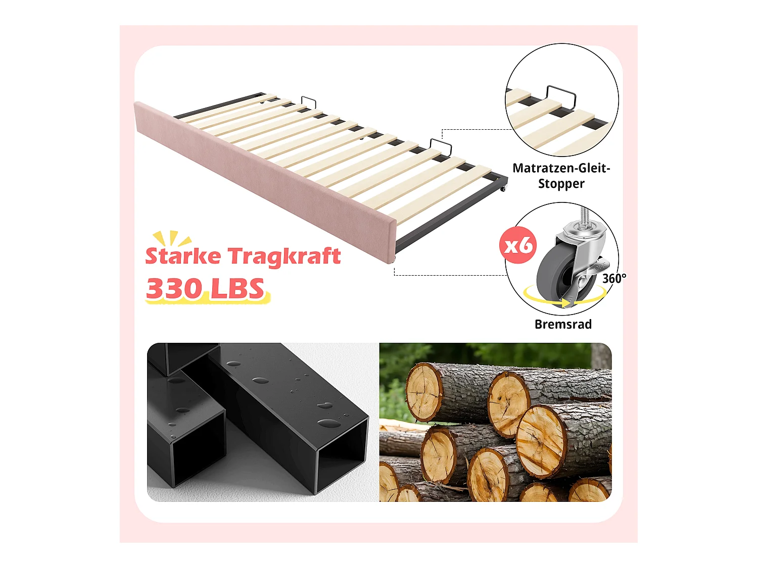 Canapé-lit rembourré - 90 x 190 cm - avec lit gigogne 90 x 190 cm + sommier à lattes - lin - rose