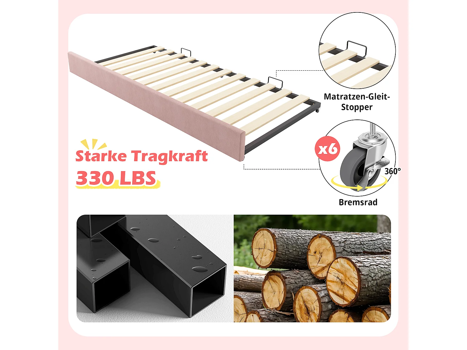 Canapé-lit rembourré - 90 x 190 cm - avec lit gigogne 90 x 190 cm + sommier à lattes - lin - rose