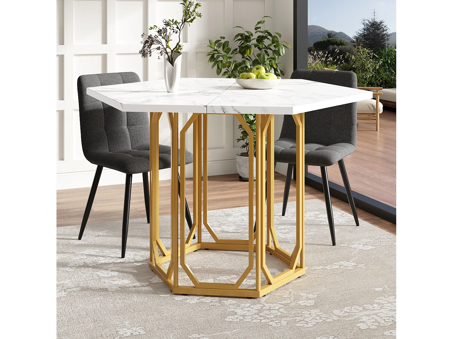 Table hexagonale en marbre - 110 x 95.4 x 75.5 cm - pieds en métal - motif marbre - MDF + Métal - Doré