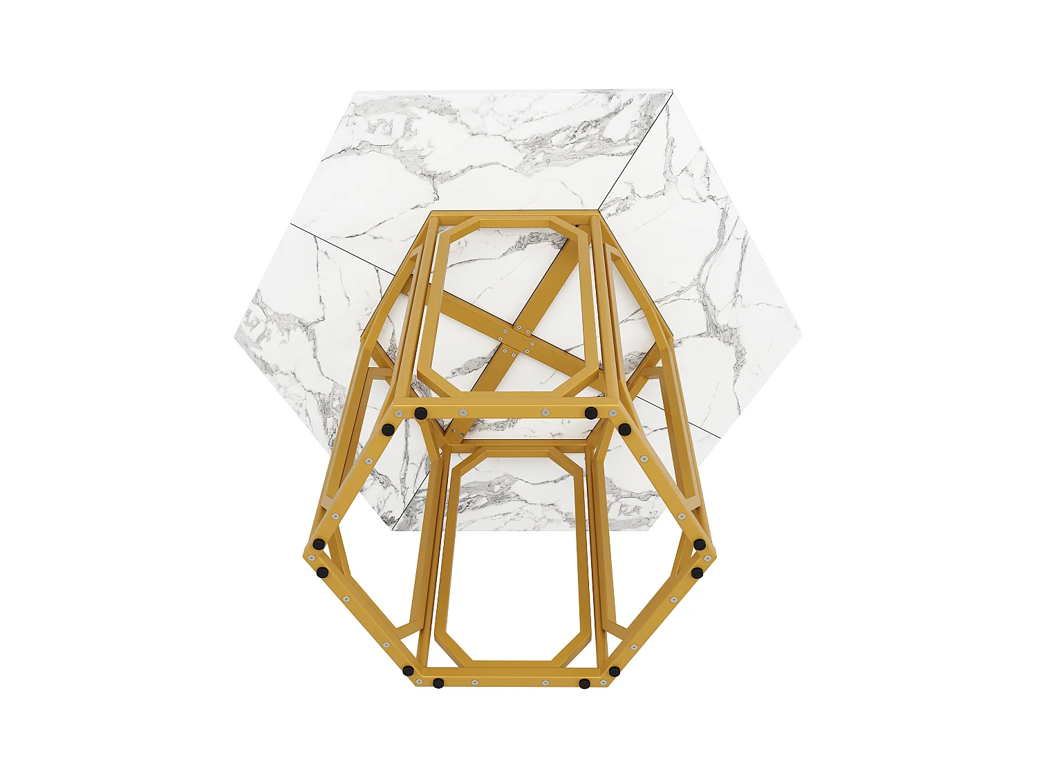Table hexagonale en marbre - 110 x 95.4 x 75.5 cm - pieds en métal - motif marbre - MDF + Métal - Doré