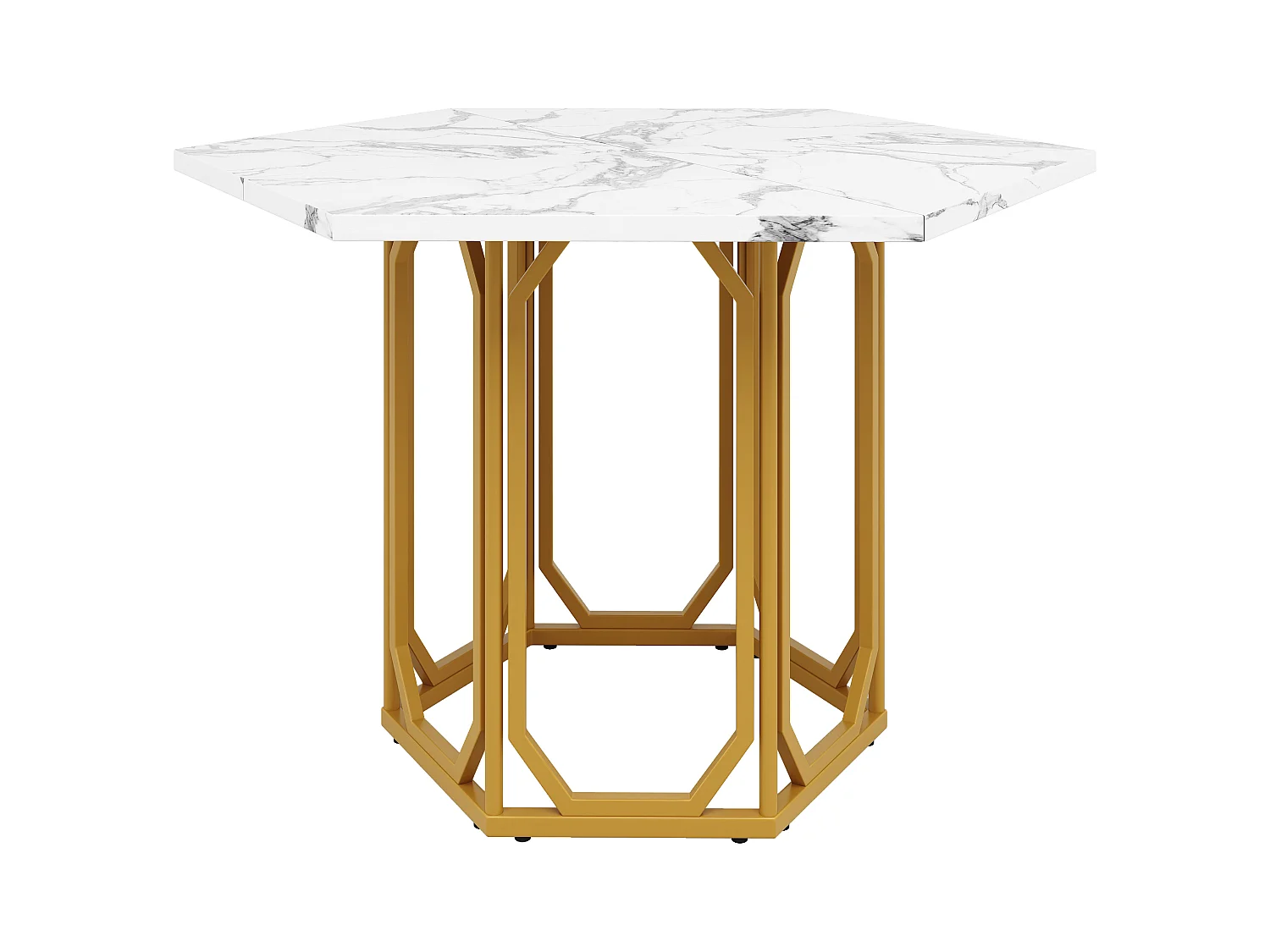 Table hexagonale en marbre - 110 x 95.4 x 75.5 cm - pieds en métal - motif marbre - MDF + Métal - Doré