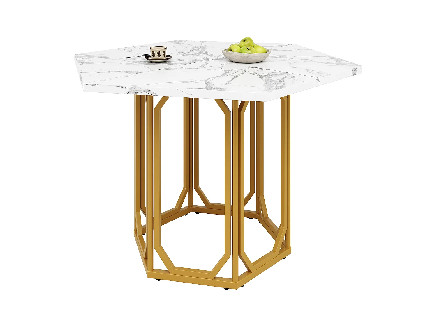 Table hexagonale en marbre - 110 x 95.4 x 75.5 cm - pieds en métal - motif marbre - MDF + Métal - Doré