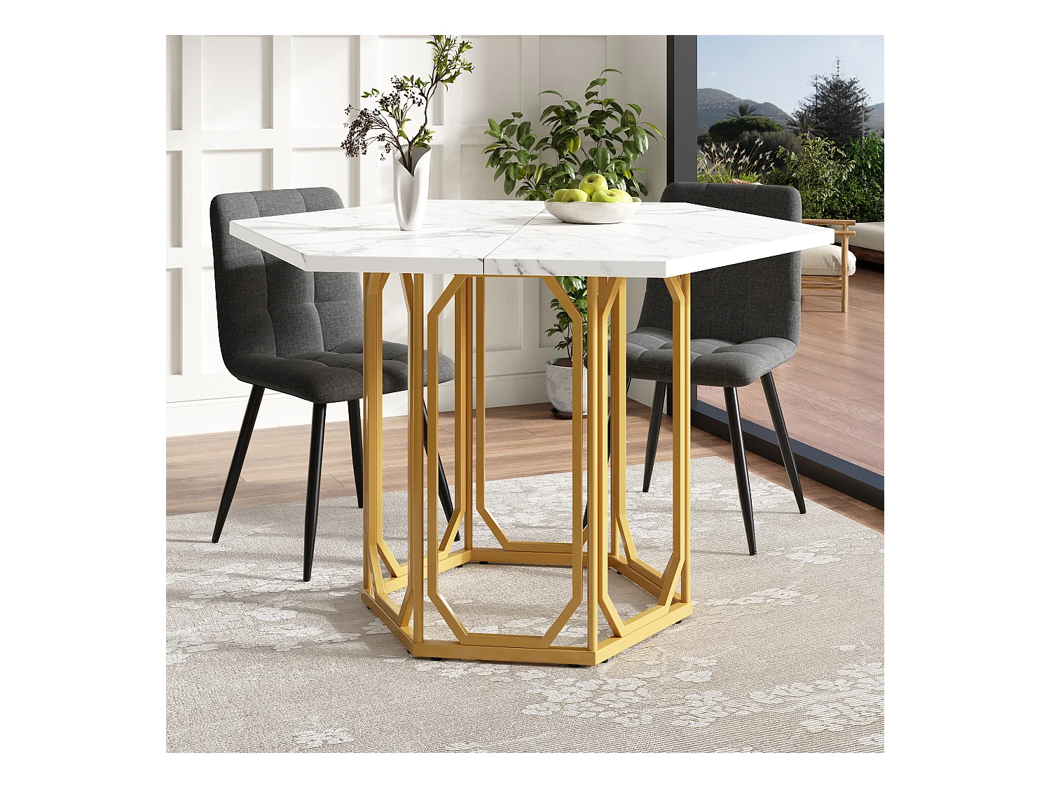 Sechseckiger Marmortisch – 110 x 95,4 x 75,5 cm – Metallbeine – Marmormuster – MDF + Metall – Gold