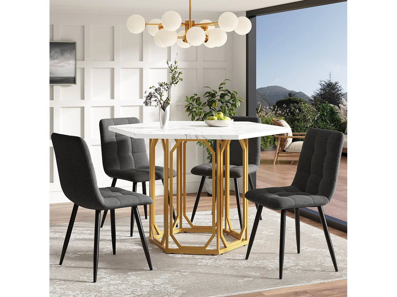 Table hexagonale en marbre - 110 x 95.4 x 75.5 cm - pieds en métal - motif marbre - MDF + Métal - Doré