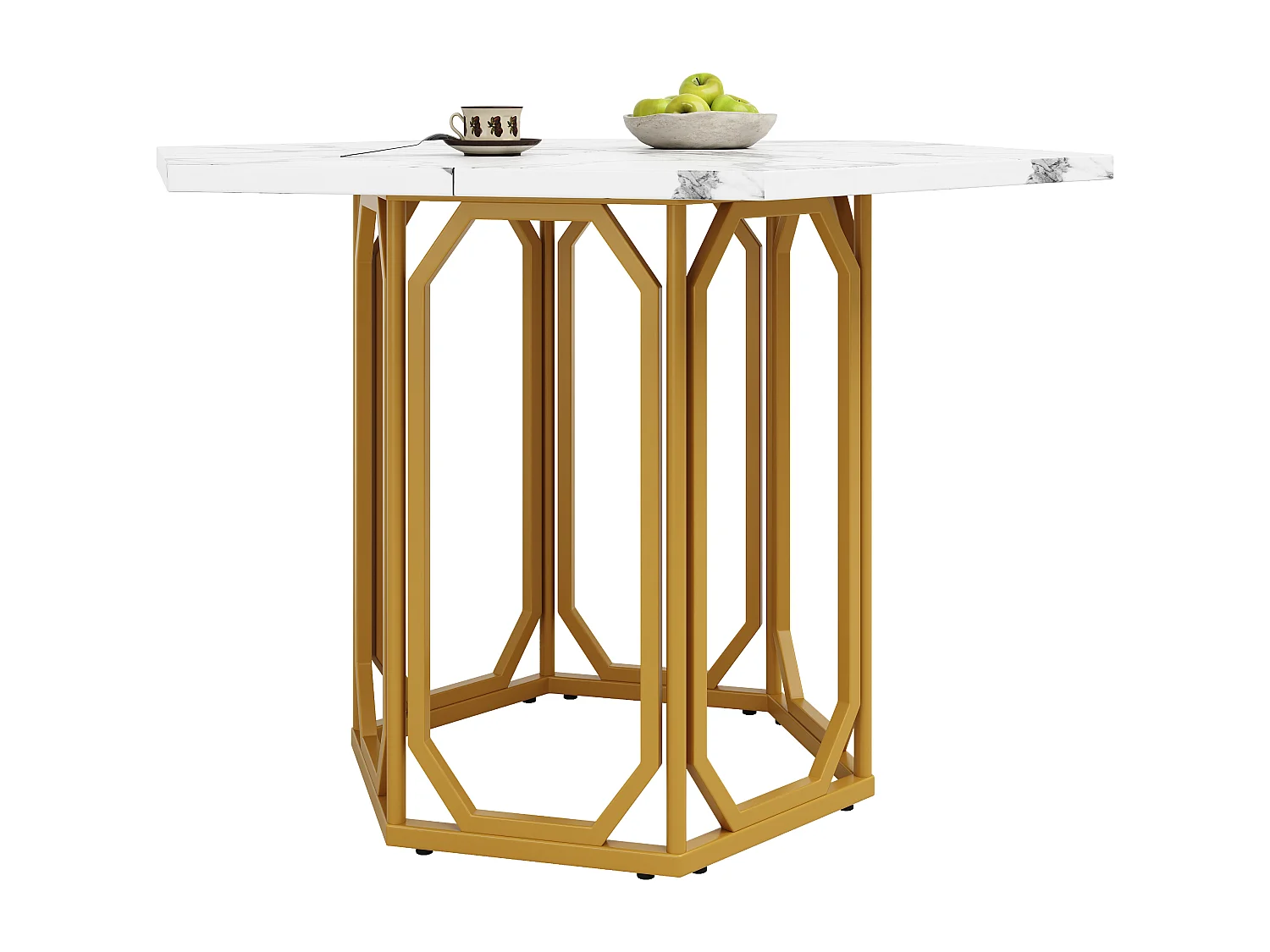 Table hexagonale en marbre - 110 x 95.4 x 75.5 cm - pieds en métal - motif marbre - MDF + Métal - Doré