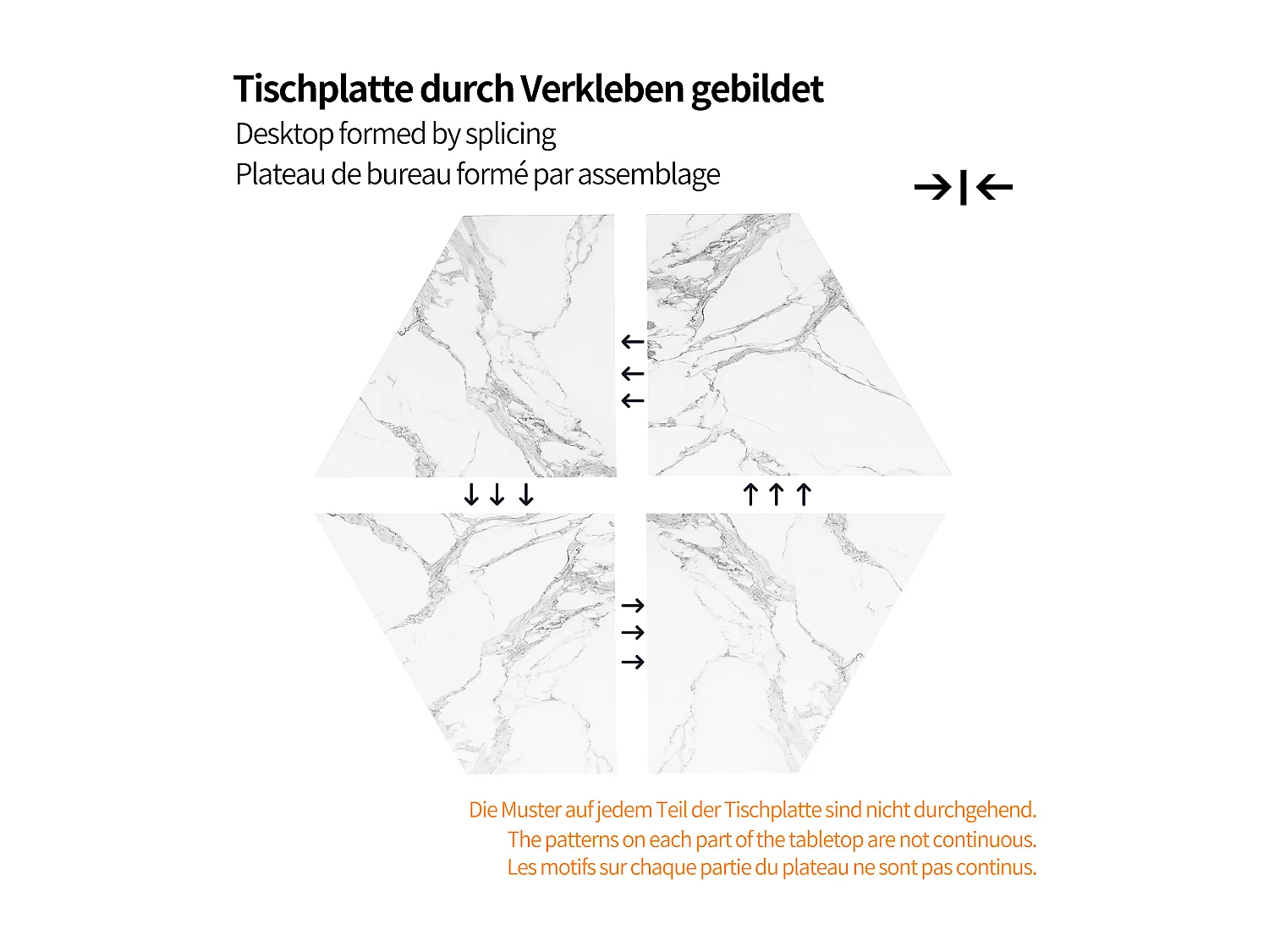 Table hexagonale en marbre - 110 x 95.4 x 75.5 cm - pieds en métal - motif marbre - MDF + Métal - Doré