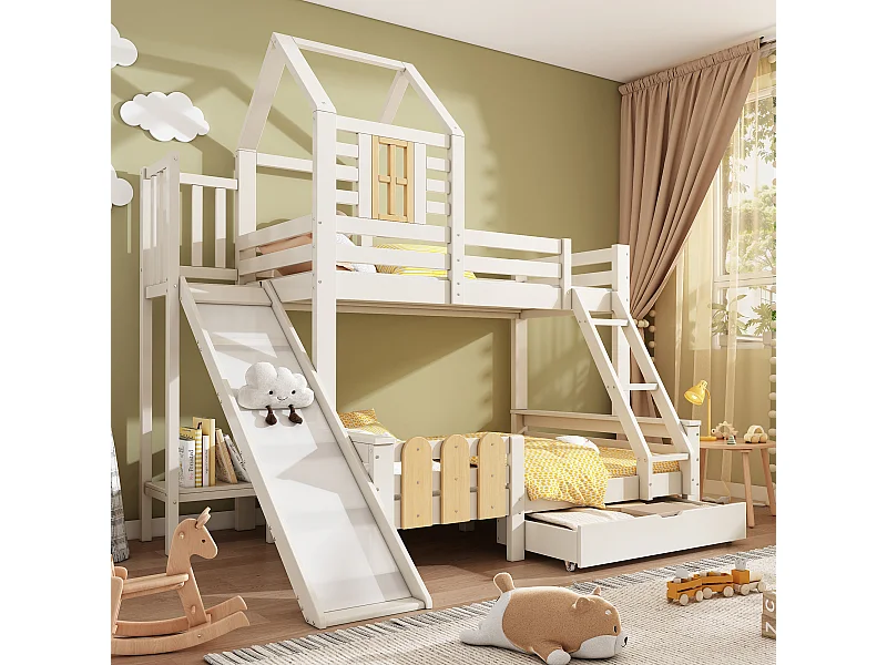 Kinder-Hochbett - 90 x 200 + 140 x 200 cm - mit Schublade + Rutsche + Leiter - Metall + Holz - weiß