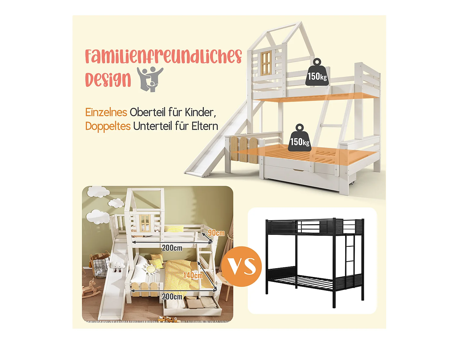 Kinder-Hochbett - 90 x 200 + 140 x 200 cm - mit Schublade + Rutsche + Leiter - Metall + Holz - weiß