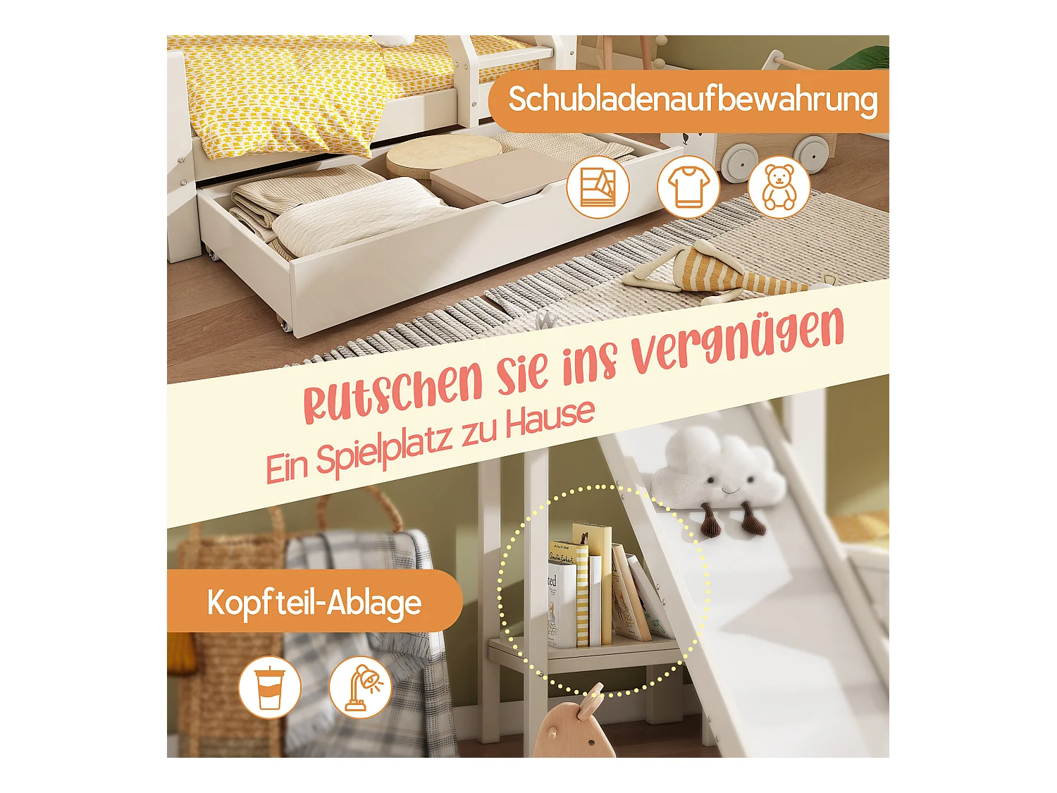 Kinder-Hochbett - 90 x 200 + 140 x 200 cm - mit Schublade + Rutsche + Leiter - Metall + Holz - weiß