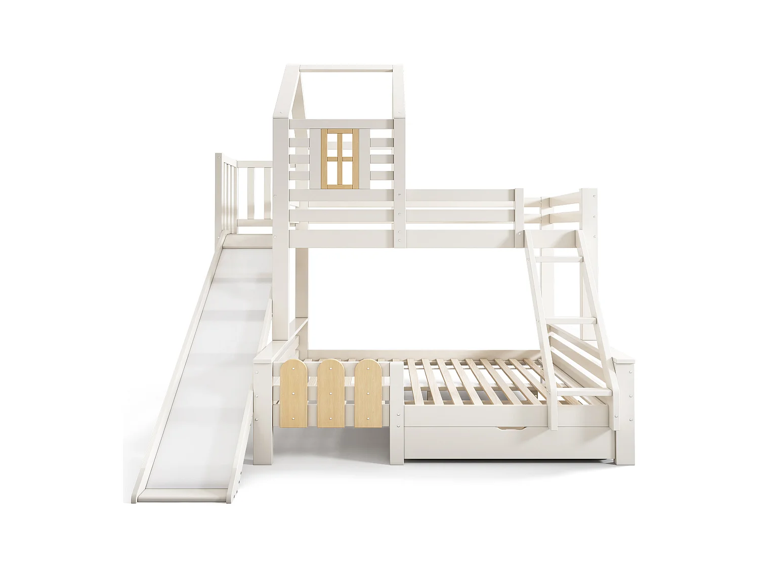 Kinder-Hochbett - 90 x 200 + 140 x 200 cm - mit Schublade + Rutsche + Leiter - Metall + Holz - weiß