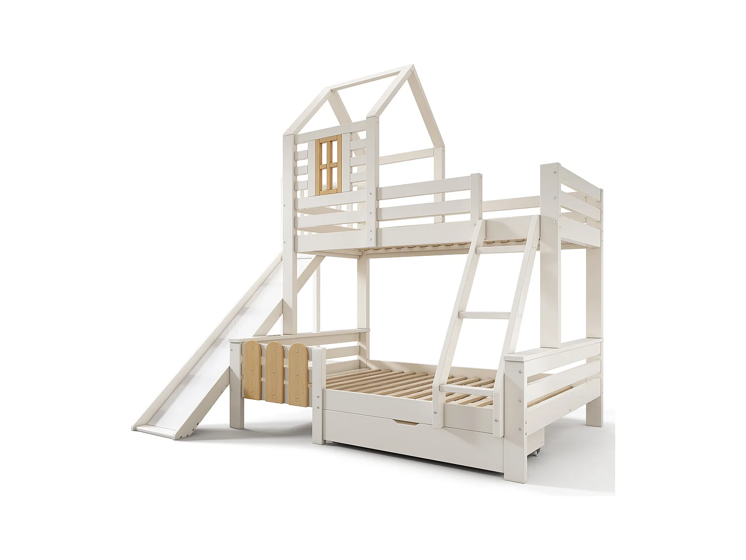 Kinder-Hochbett - 90 x 200 + 140 x 200 cm - mit Schublade + Rutsche + Leiter - Metall + Holz - weiß