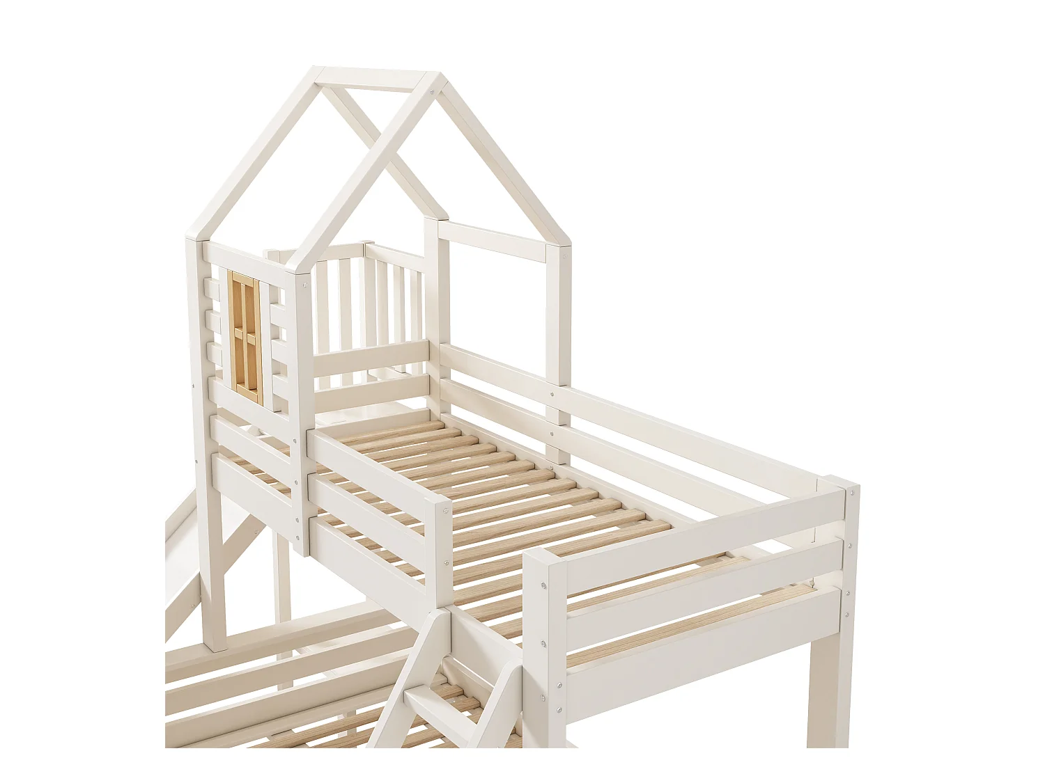 Kinder-Hochbett - 90 x 200 + 140 x 200 cm - mit Schublade + Rutsche + Leiter - Metall + Holz - weiß