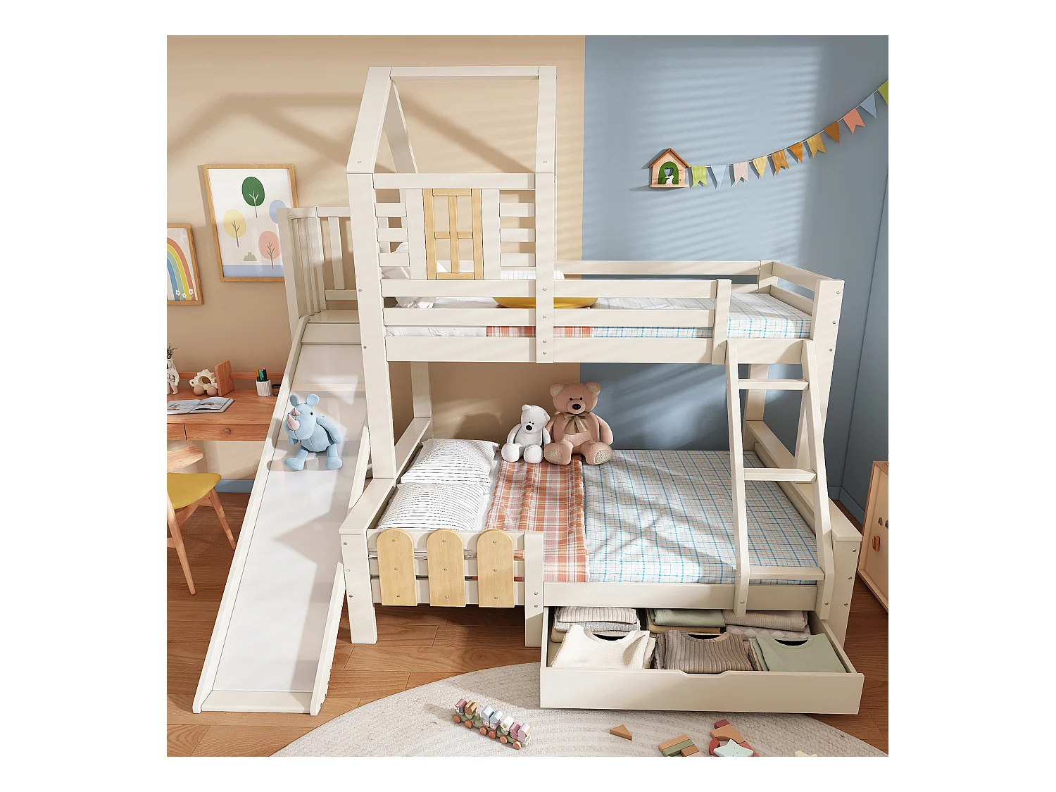 Kinder-Hochbett - 90 x 200 + 140 x 200 cm - mit Schublade + Rutsche + Leiter - Metall + Holz - weiß