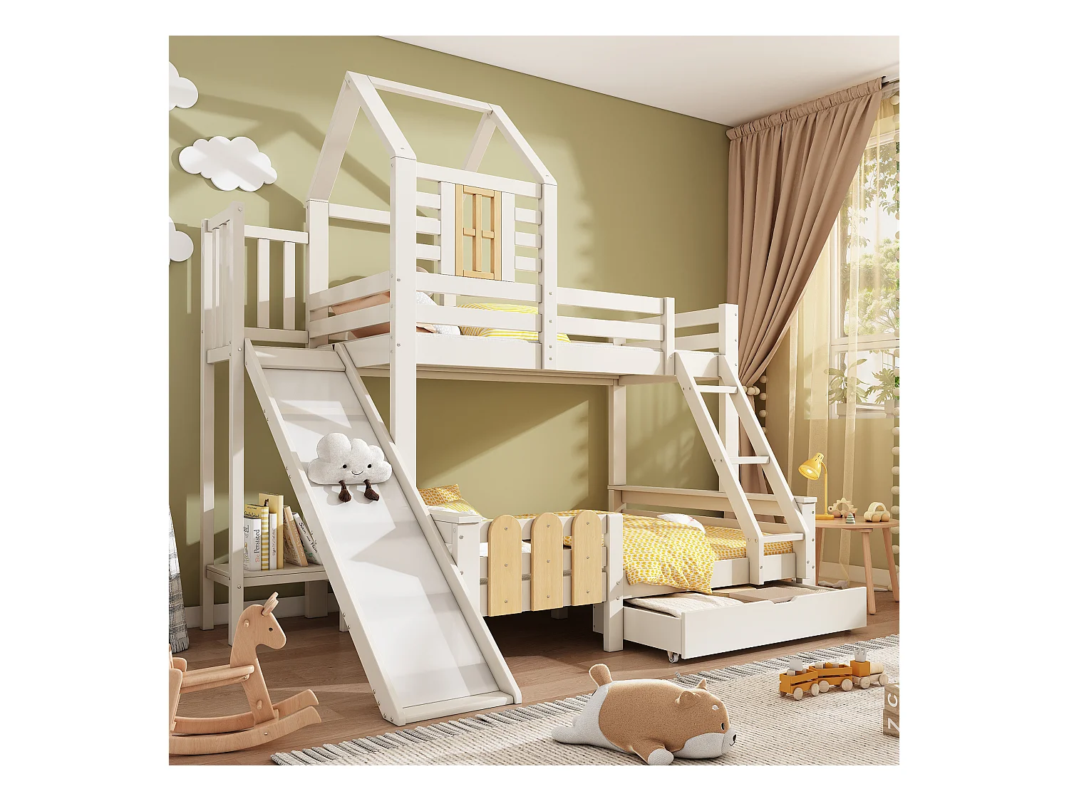 Lit superposés cabane enfant - 90 x 200 + 140 x 200 cm - avec tiroir + toboggan + échelle - Métal + bois - blanc