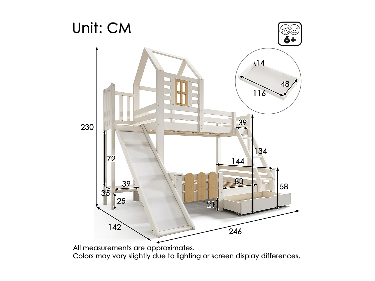 Lit superposés cabane enfant - 90 x 200 + 140 x 200 cm - avec tiroir + toboggan + échelle - Métal + bois - blanc