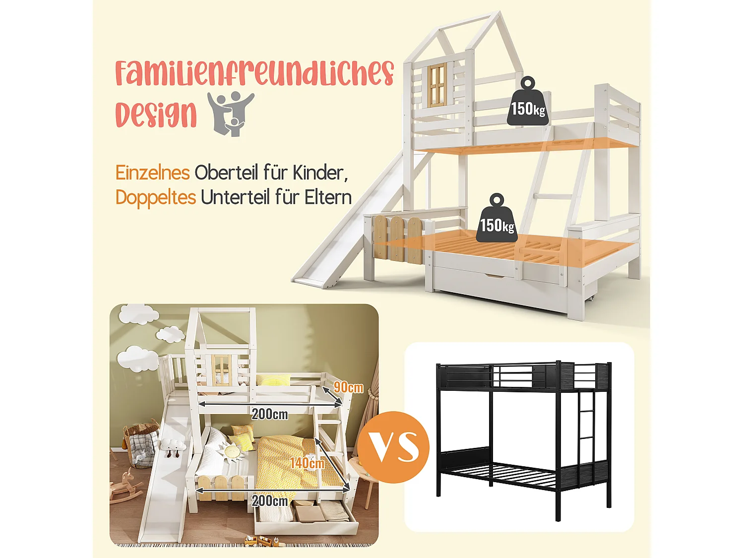 Lit superposés cabane enfant - 90 x 200 + 140 x 200 cm - avec tiroir + toboggan + échelle - Métal + bois - blanc