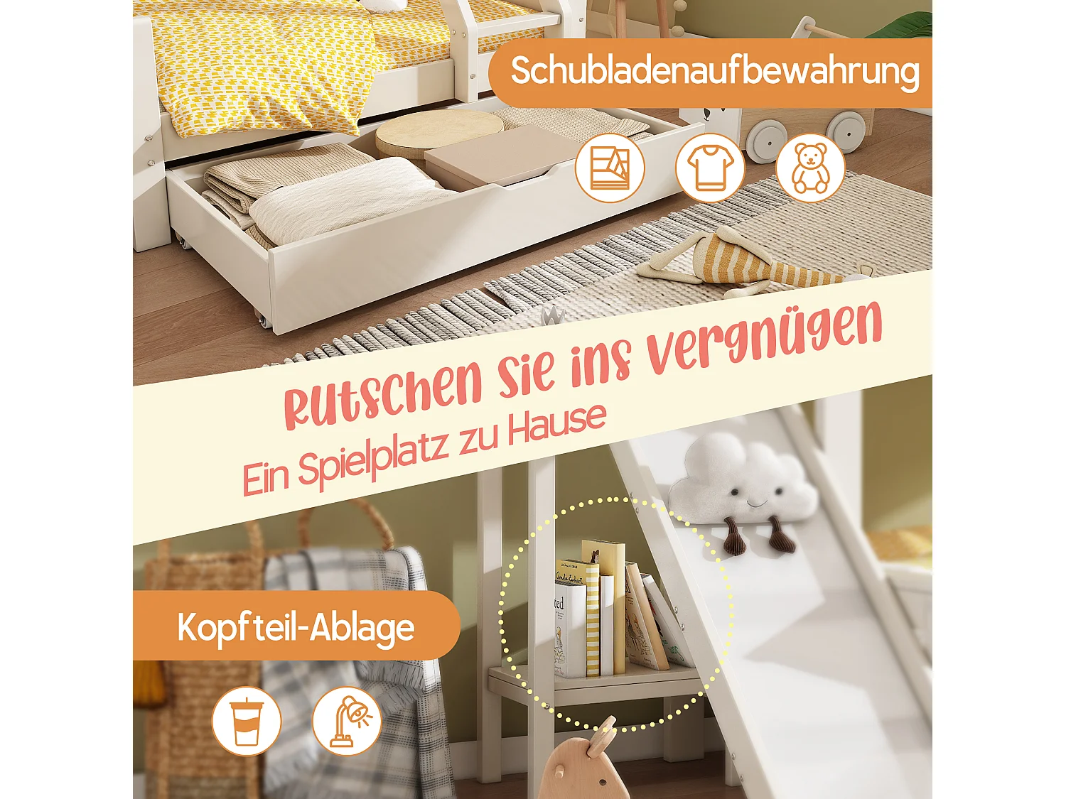 Lit superposés cabane enfant - 90 x 200 + 140 x 200 cm - avec tiroir + toboggan + échelle - Métal + bois - blanc