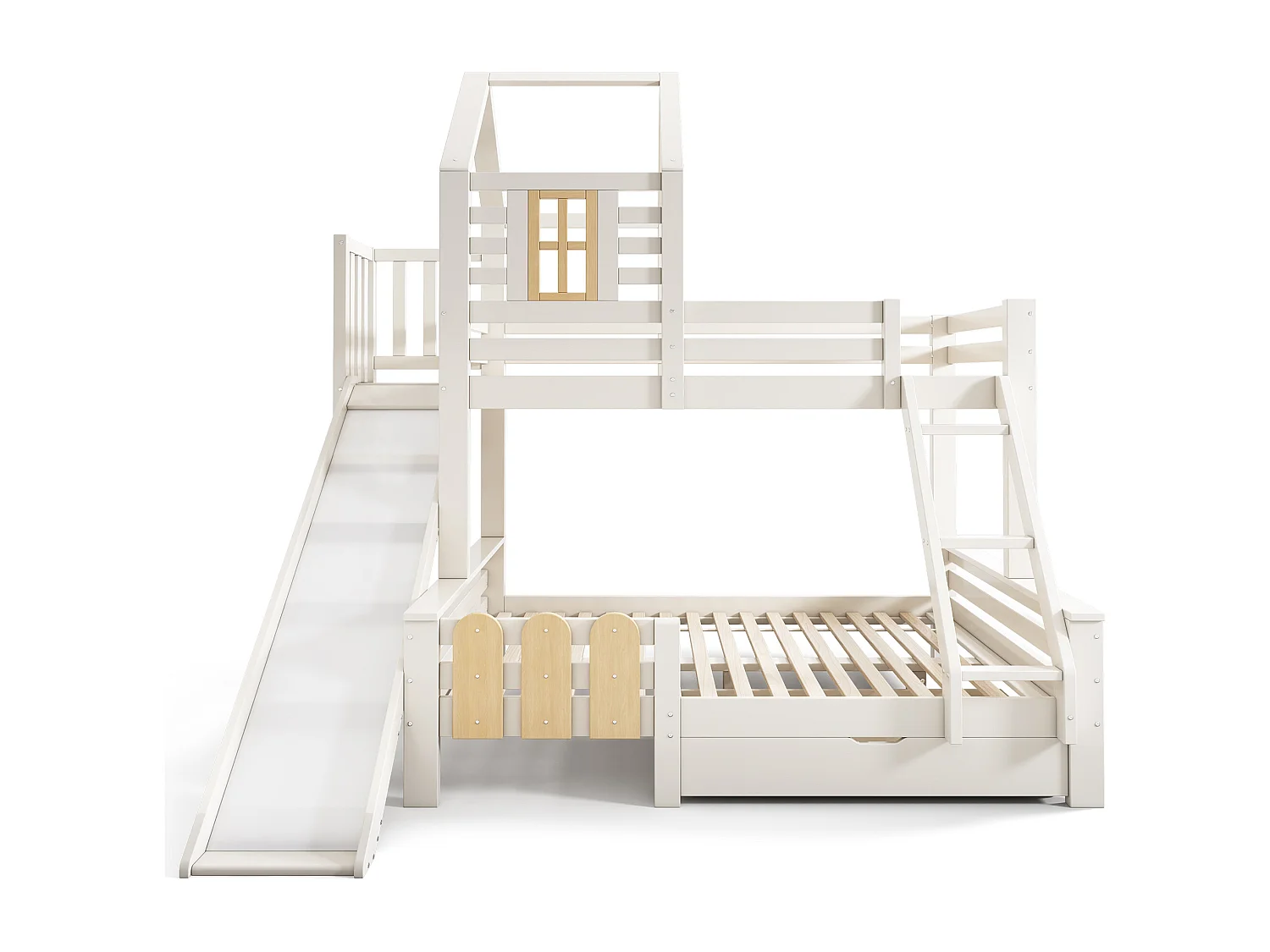 Lit superposés cabane enfant - 90 x 200 + 140 x 200 cm - avec tiroir + toboggan + échelle - Métal + bois - blanc