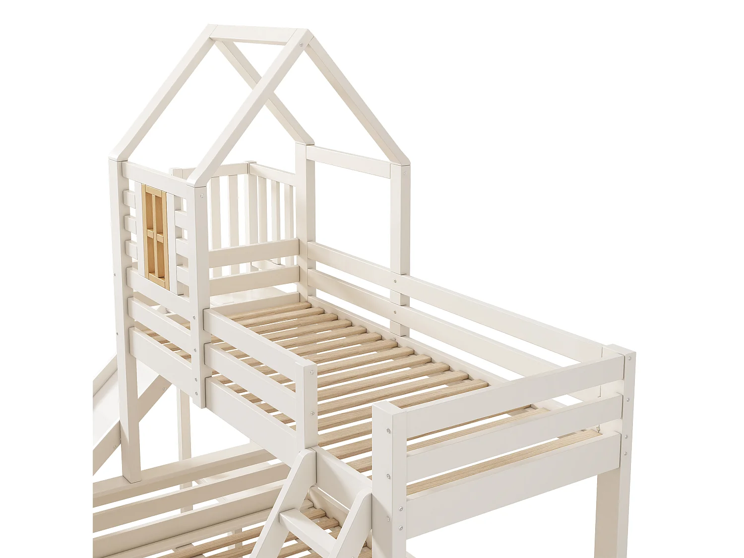 Lit superposés cabane enfant - 90 x 200 + 140 x 200 cm - avec tiroir + toboggan + échelle - Métal + bois - blanc