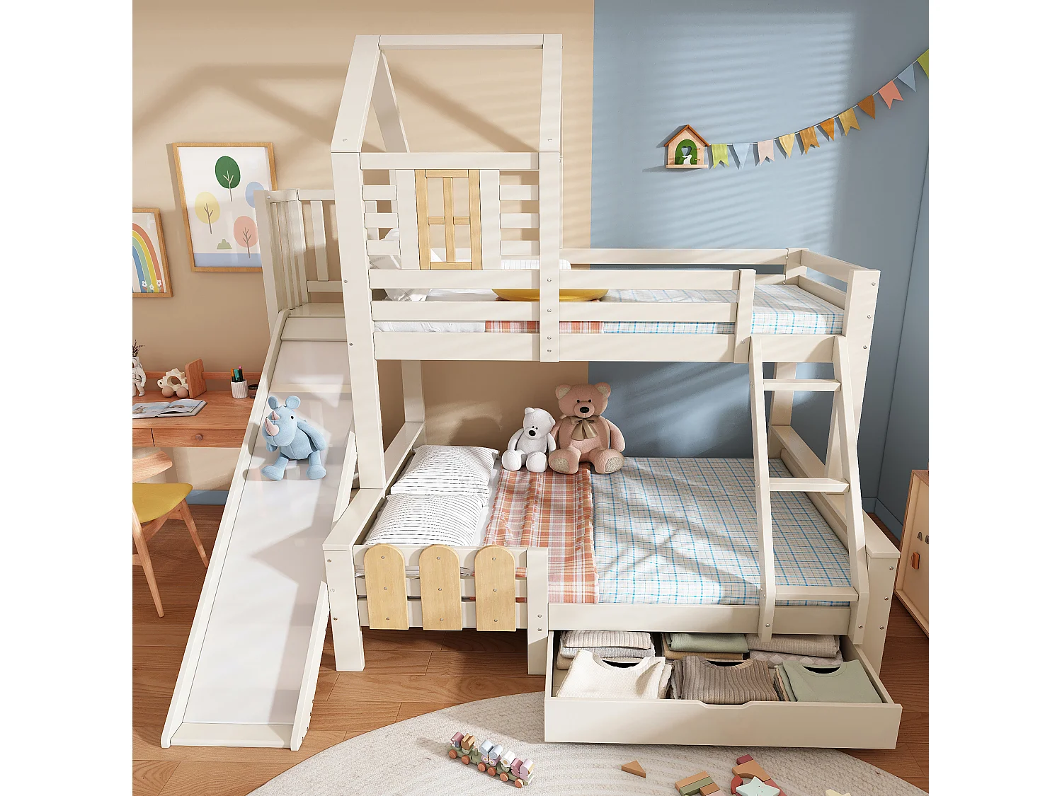 Lit superposés cabane enfant - 90 x 200 + 140 x 200 cm - avec tiroir + toboggan + échelle - Métal + bois - blanc