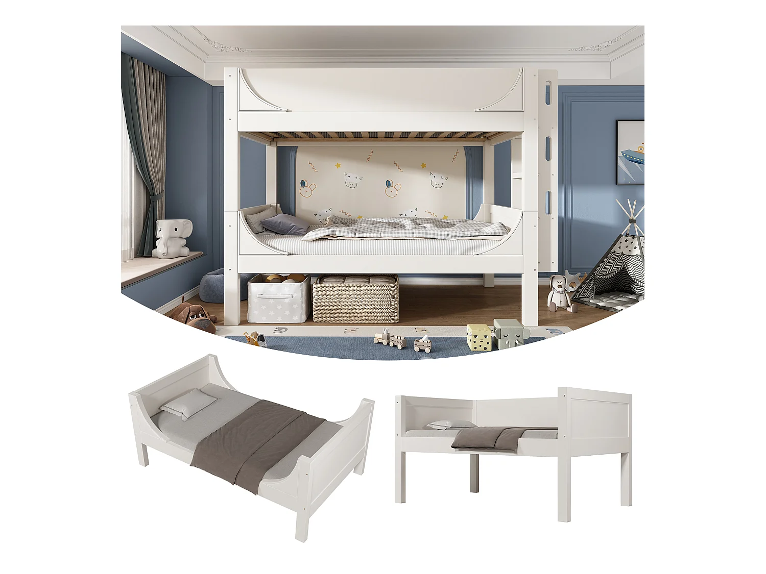 Lit superposés enfant - 2 x 90 x 200 cm - lit et échelle séparable et réglable - Métal + bois - blanc