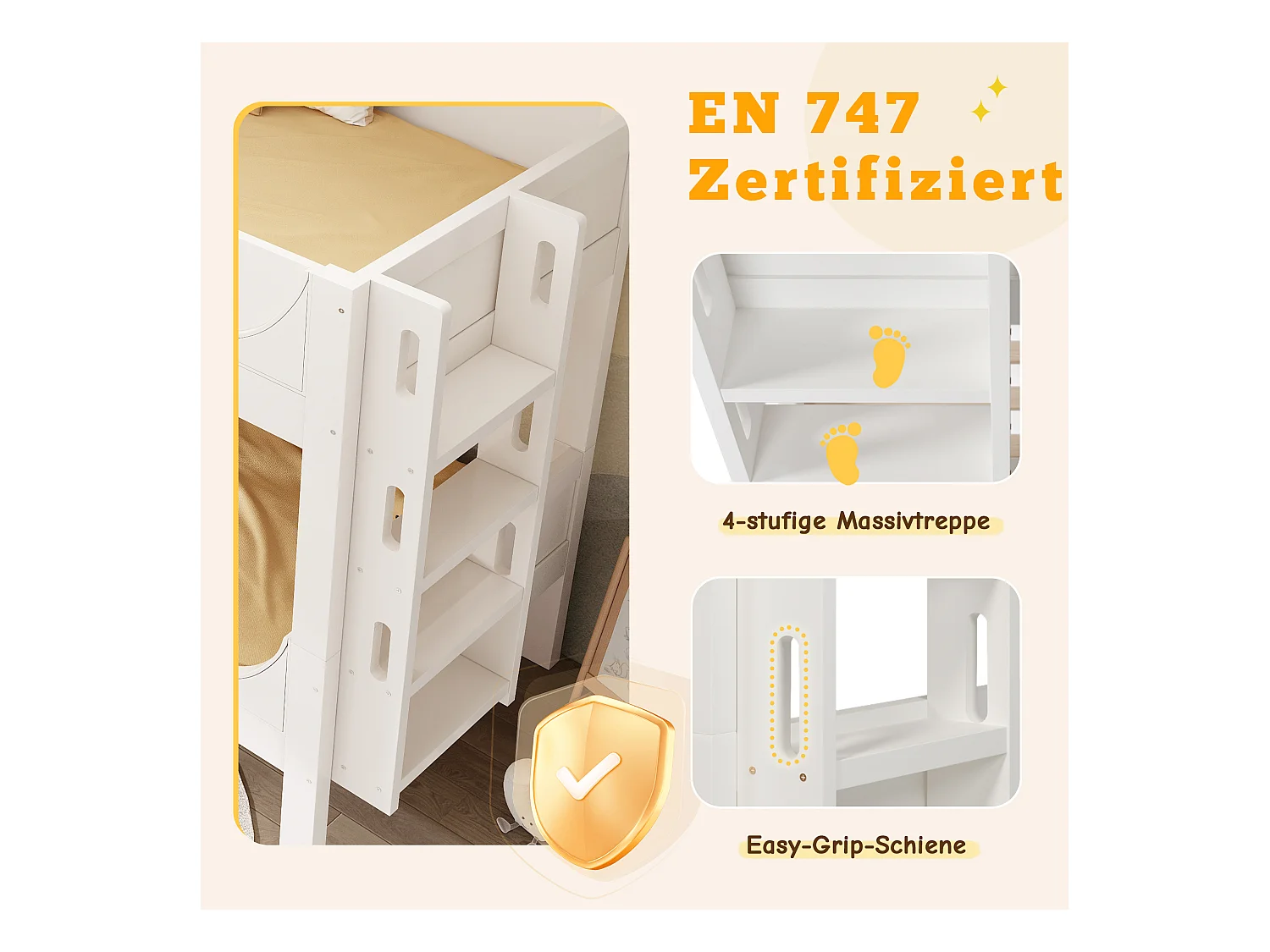 Lit superposés enfant - 2 x 90 x 200 cm - lit et échelle séparable et réglable - Métal + bois - blanc