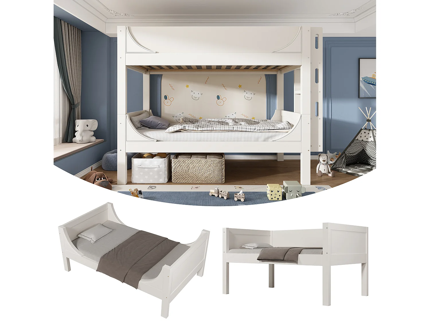 Lit superposés enfant - 2 x 90 x 200 cm - lit et échelle séparable et réglable - Métal + bois - blanc