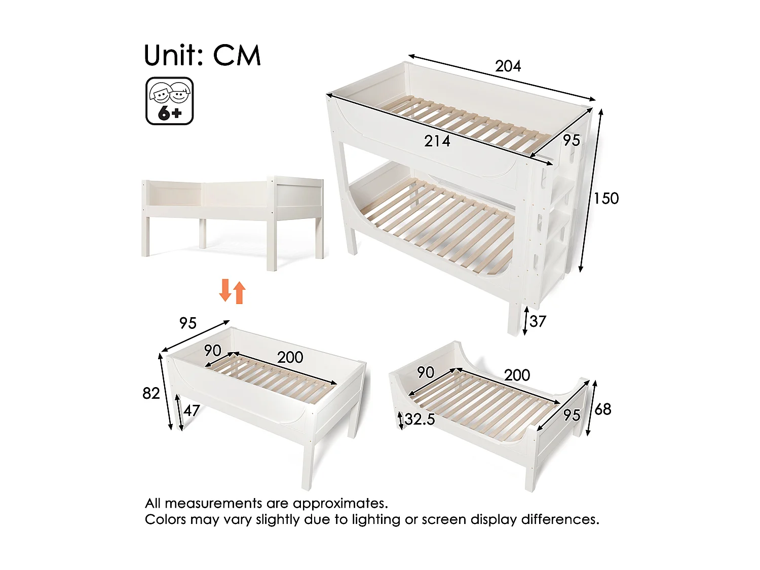 Lit superposés enfant - 2 x 90 x 200 cm - lit et échelle séparable et réglable - Métal + bois - blanc
