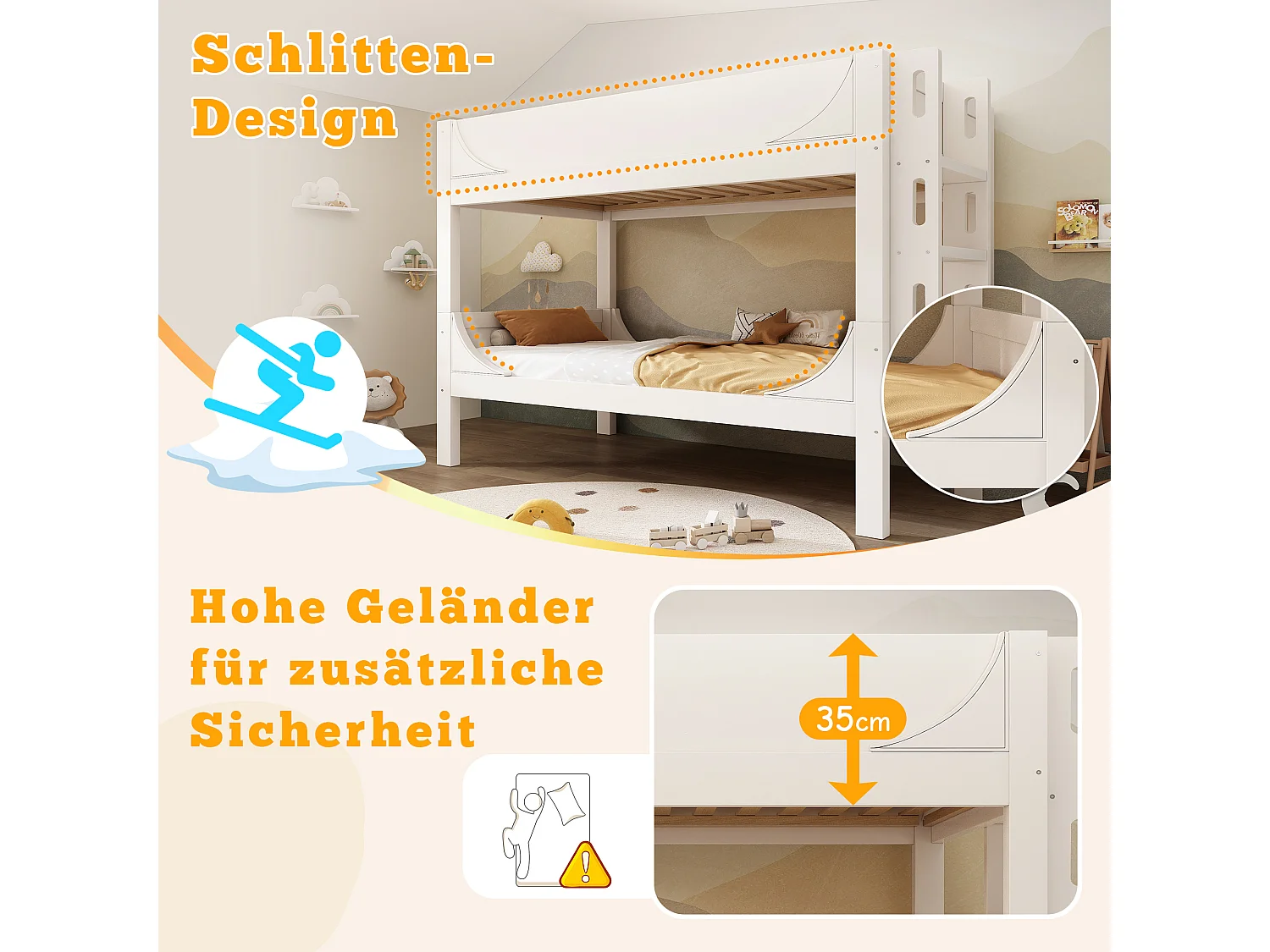 Lit superposés enfant - 2 x 90 x 200 cm - lit et échelle séparable et réglable - Métal + bois - blanc