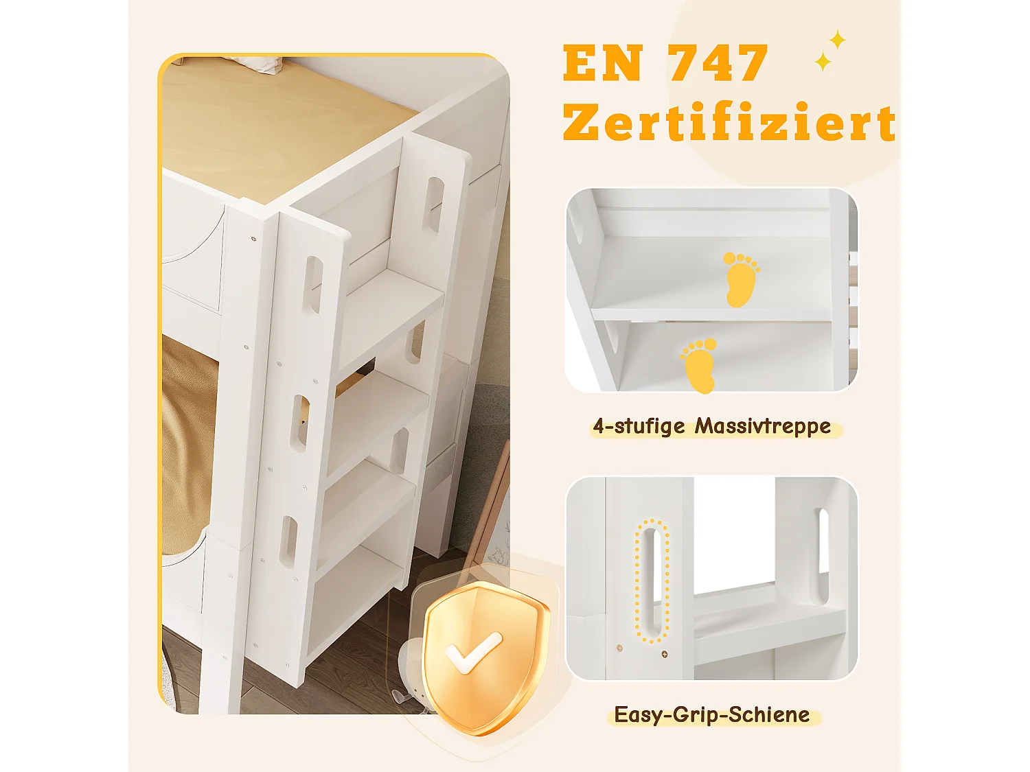 Lit superposés enfant - 2 x 90 x 200 cm - lit et échelle séparable et réglable - Métal + bois - blanc