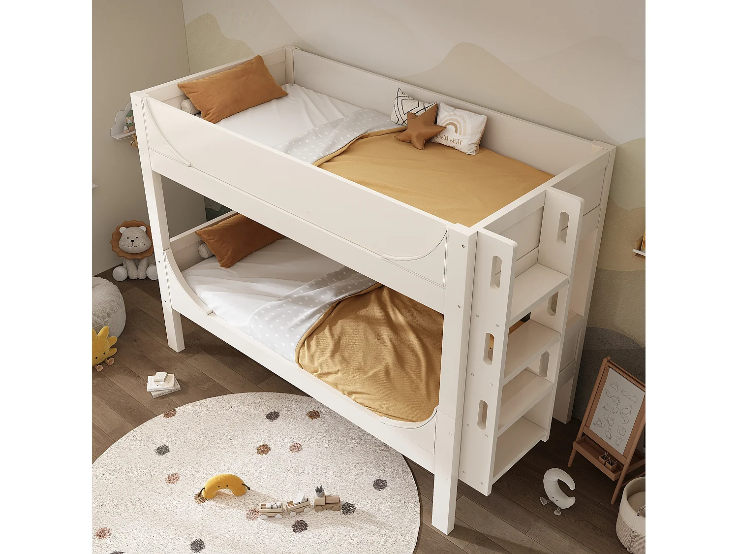 Lit superposés enfant - 2 x 90 x 200 cm - lit et échelle séparable et réglable - Métal + bois - blanc