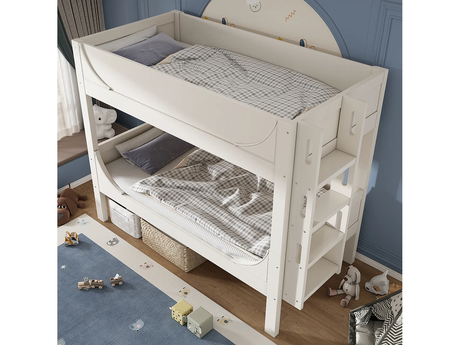 Lit superposés enfant - 2 x 90 x 200 cm - lit et échelle séparable et réglable - Métal + bois - blanc