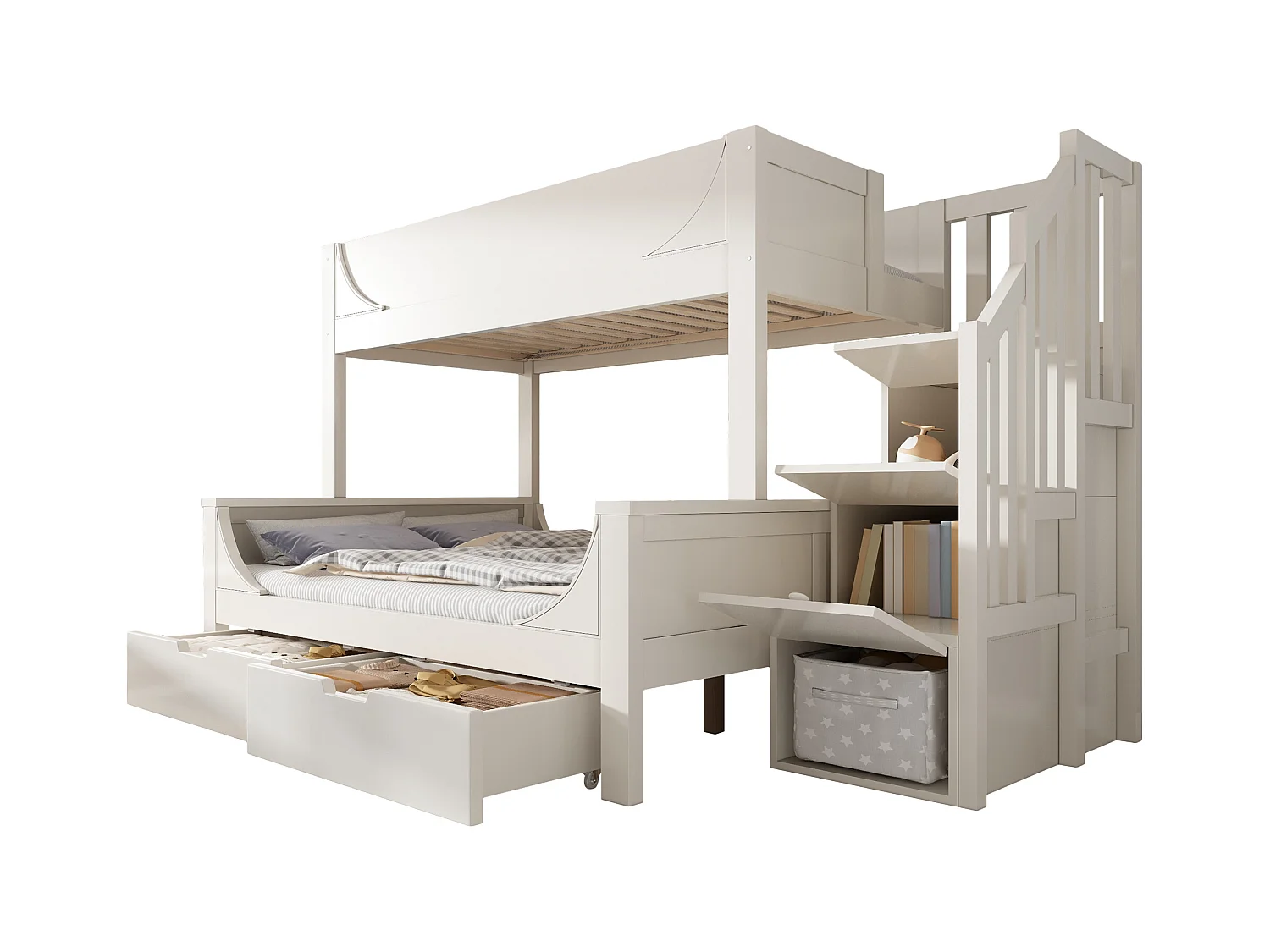 Lit superposés enfant - 90 x 200 + 140 x 200 cm - avec échelle de rangement + 2 tiroirs - Métal + bois - blanc