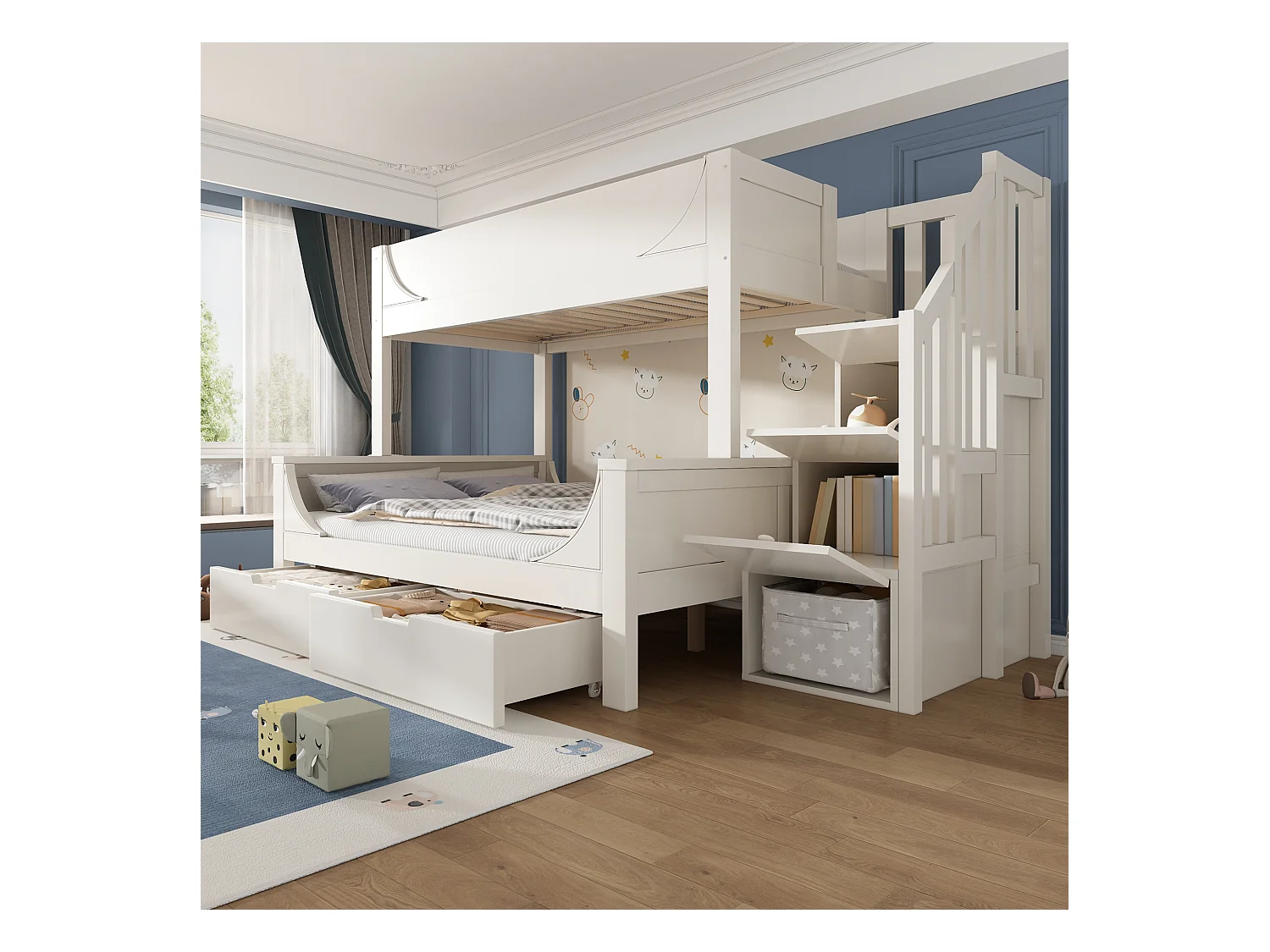 Lit superposés enfant - 90 x 200 + 140 x 200 cm - avec échelle de rangement + 2 tiroirs - Métal + bois - blanc