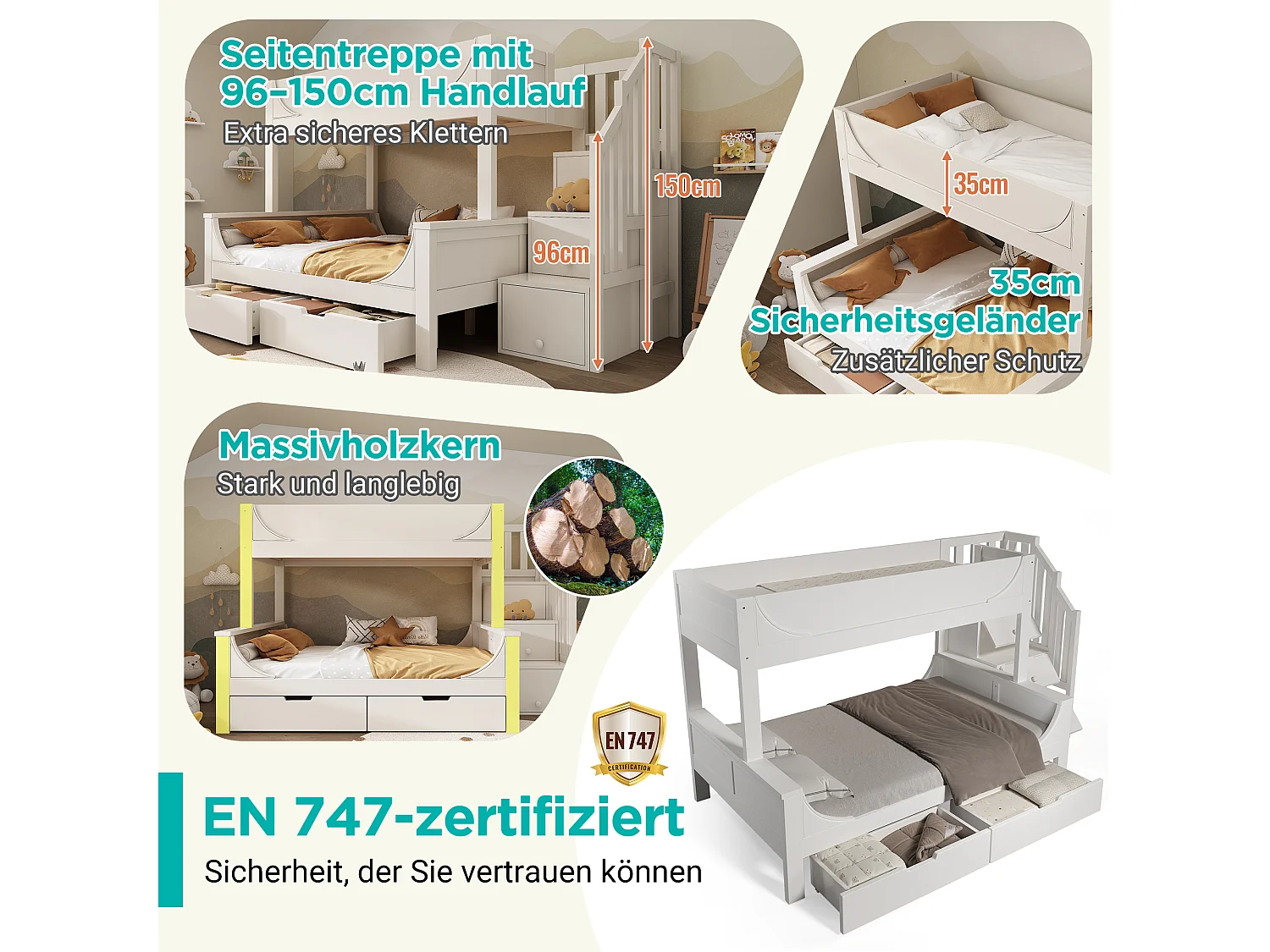 Lit superposés enfant - 90 x 200 + 140 x 200 cm - avec échelle de rangement + 2 tiroirs - Métal + bois - blanc