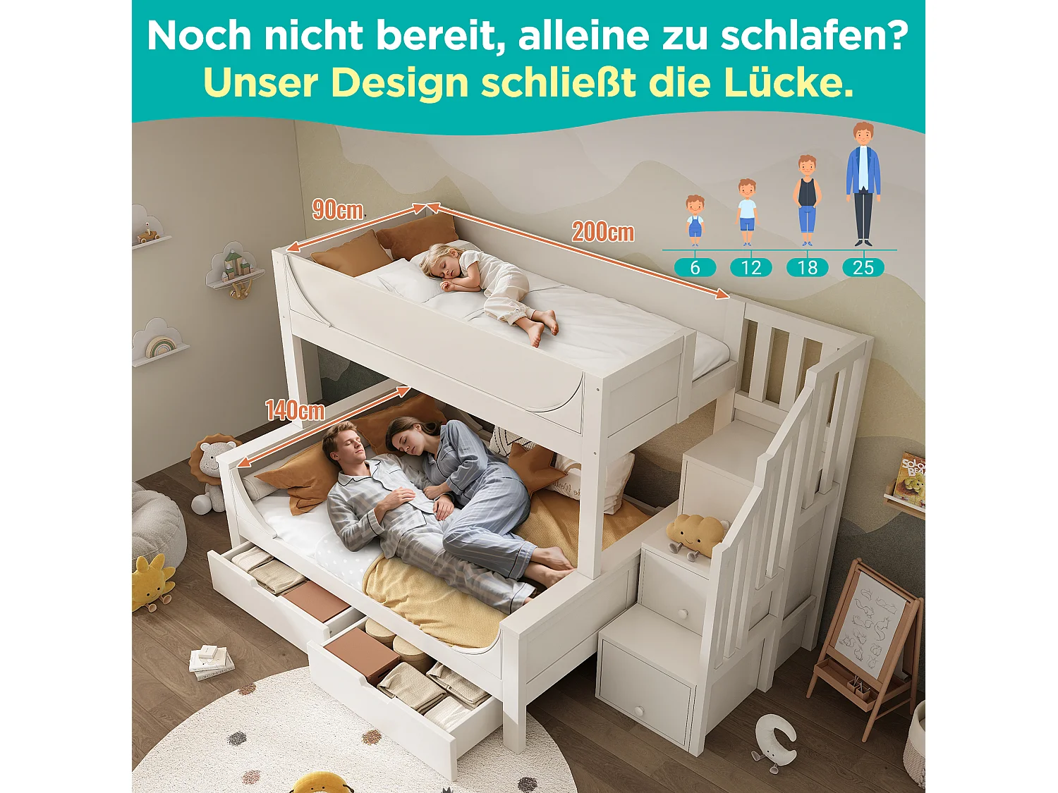 Lit superposés enfant - 90 x 200 + 140 x 200 cm - avec échelle de rangement + 2 tiroirs - Métal + bois - blanc