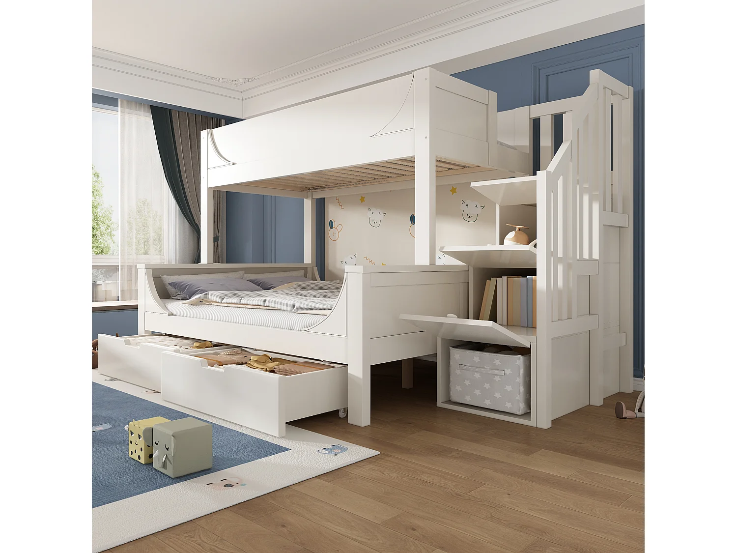 Lit superposés enfant - 90 x 200 + 140 x 200 cm - avec échelle de rangement + 2 tiroirs - Métal + bois - blanc