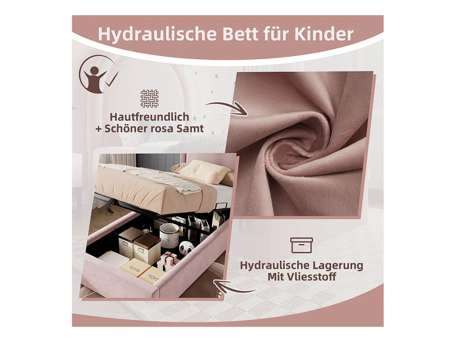 Lit coffre rembourré pour enfant - 90 x 200 cm - rangement hydraulique - PU - rose