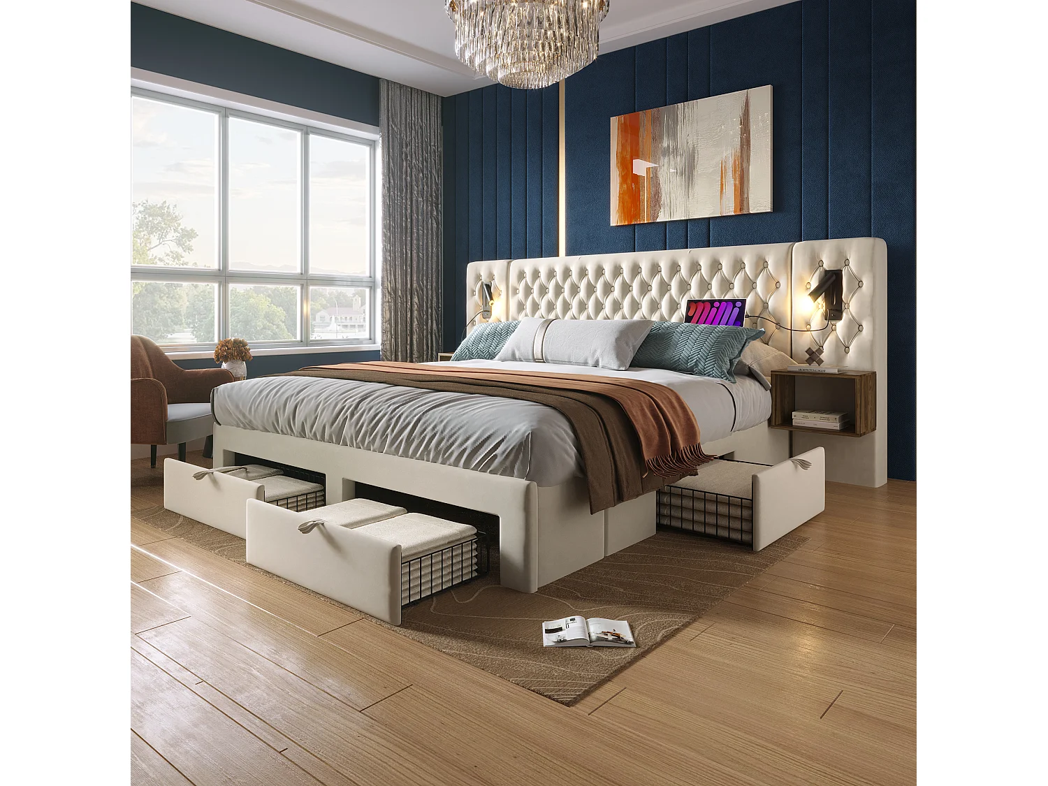 Lit double rembourré - 160 x 200 cm - avec 2 tables de chevet + 4 tiroirs + tête de lit lampe - velours - beige