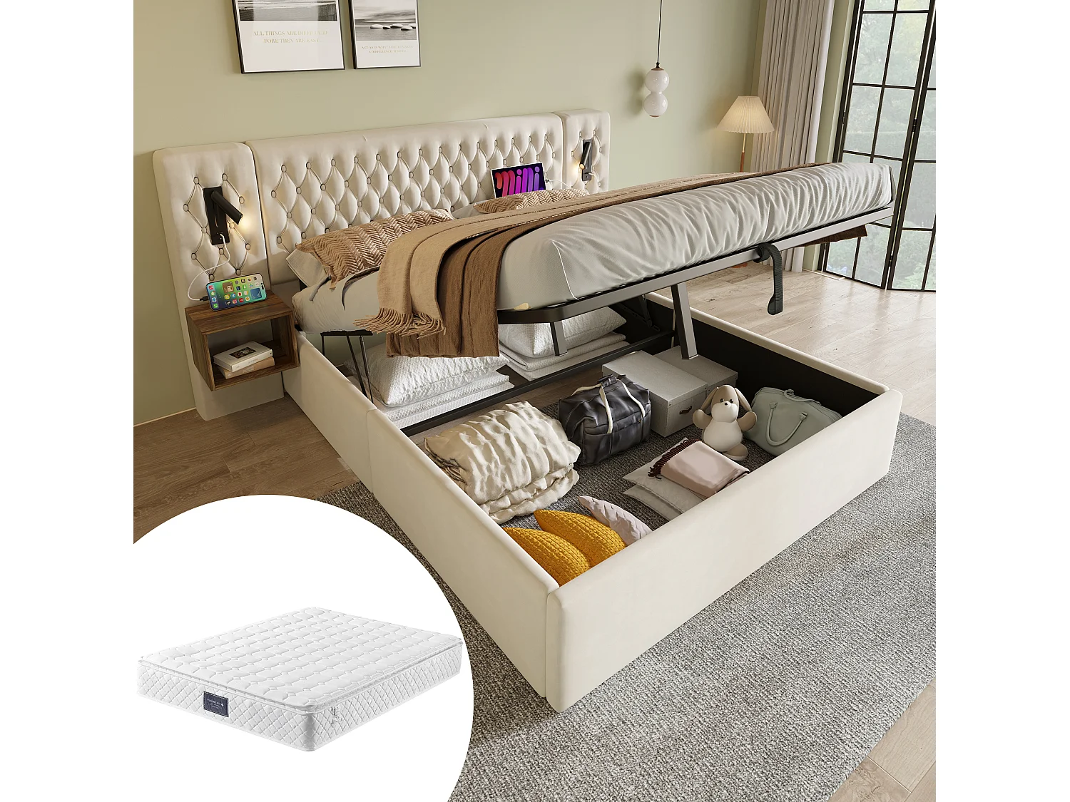 Lit coffre hydraulique - 160 x 200 cm - avec 2 tables de chevet + tête de lit lamp - velours - beige(avec matelas)