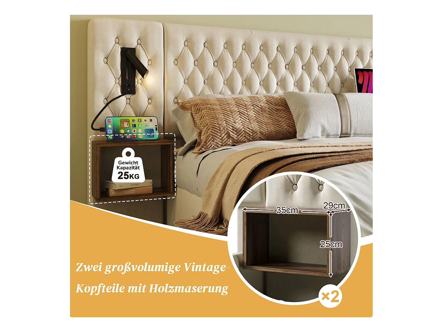 Lit coffre hydraulique - 160 x 200 cm - avec 2 tables de chevet + tête de lit lamp - velours - beige(avec matelas)