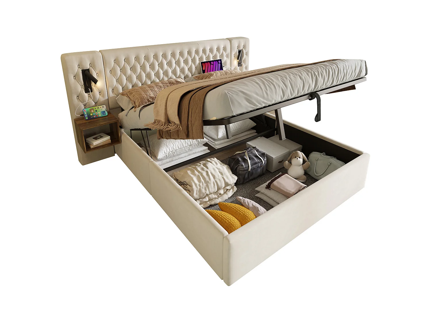 Lit coffre hydraulique - 160 x 200 cm - avec 2 tables de chevet + tête de lit lamp - velours - beige(avec matelas)